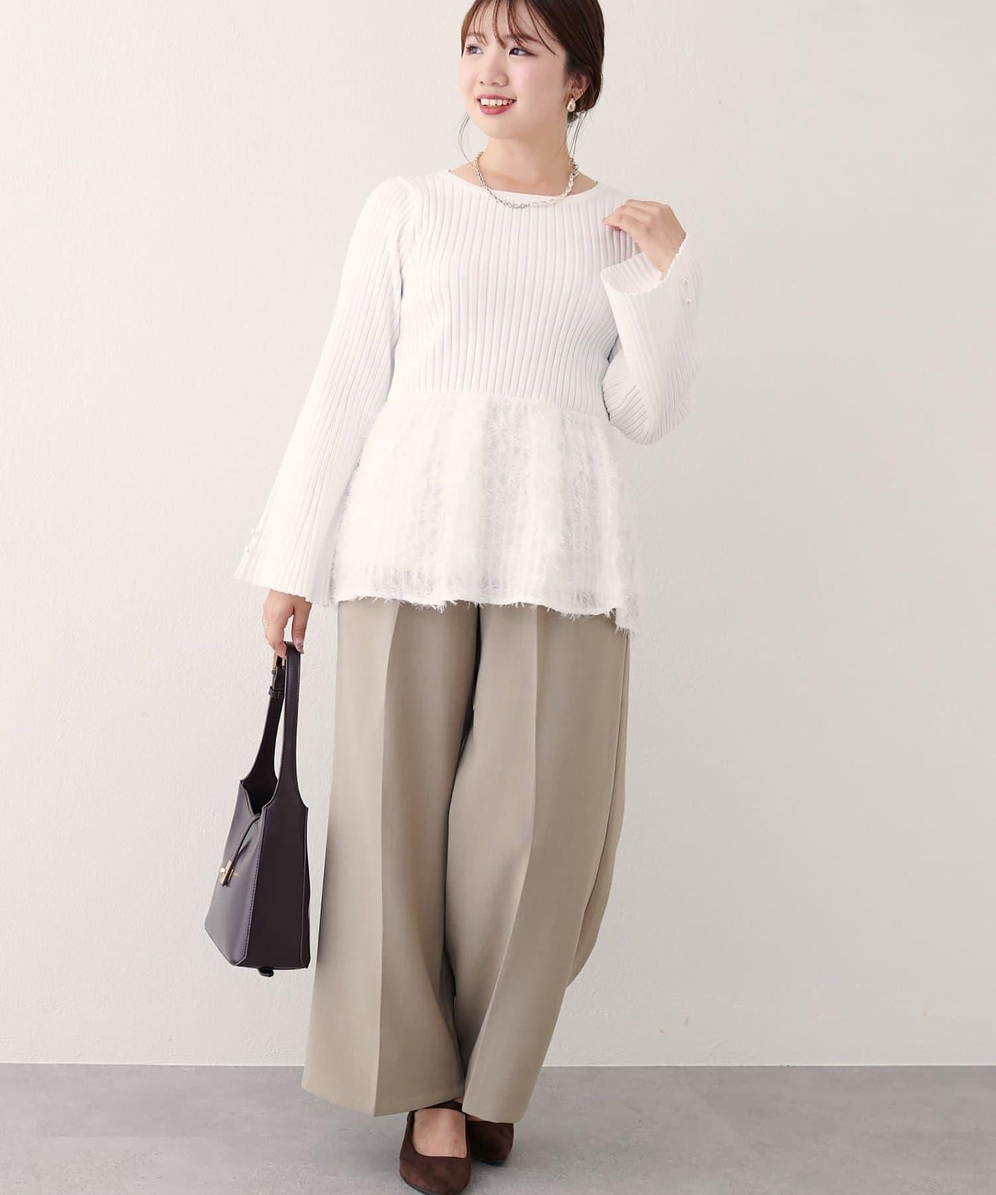 〈canami〉針織拼接流蘇荷葉邊上衣