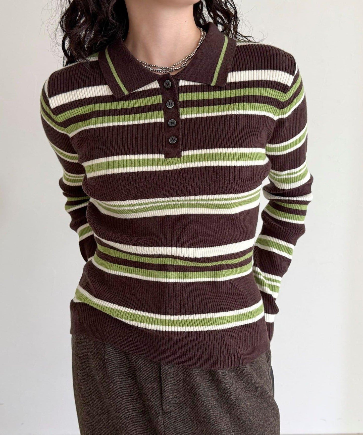 多色條紋翻領羅紋針織衫