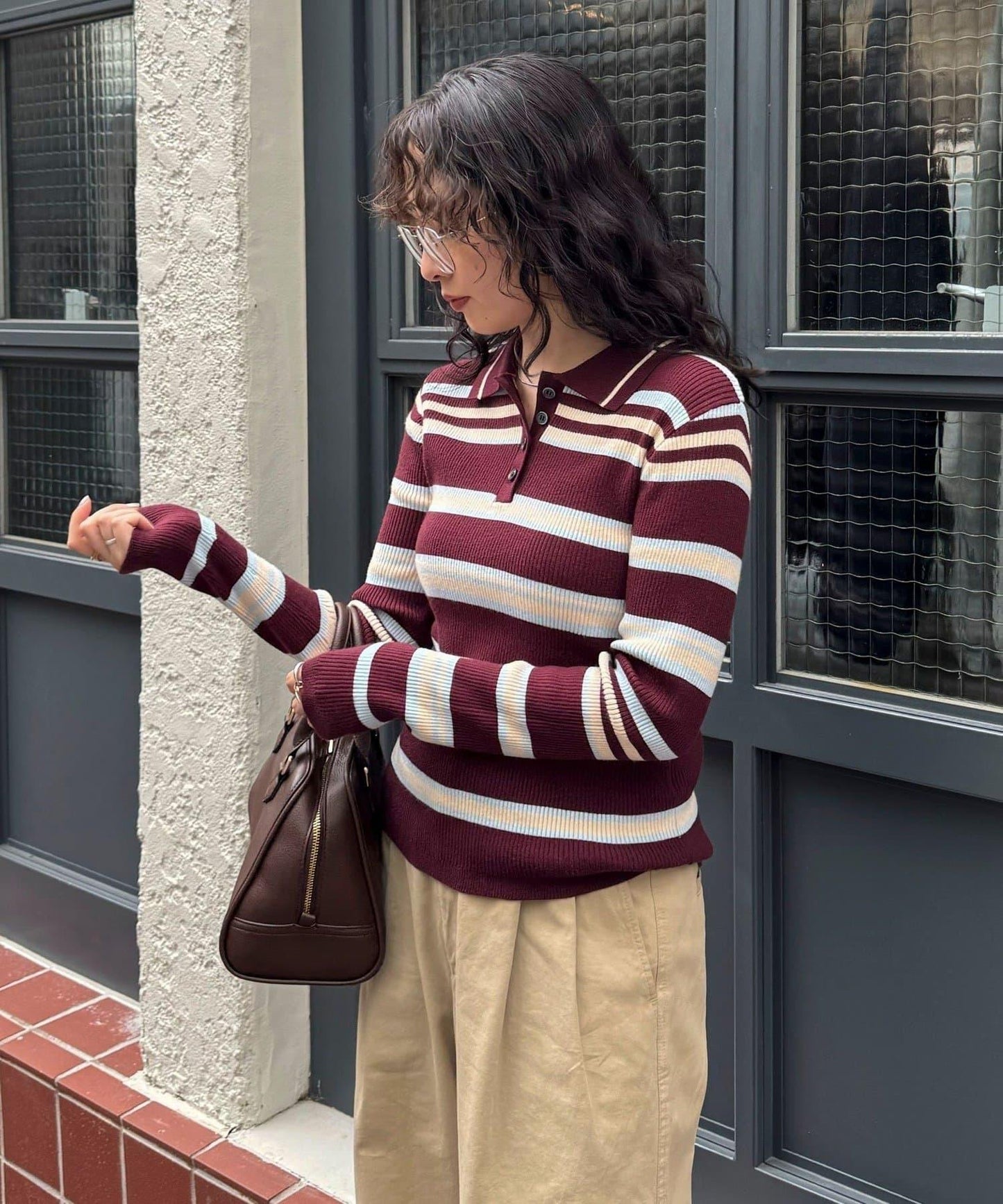 多色條紋翻領羅紋針織衫