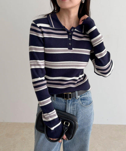 多色條紋翻領羅紋針織衫