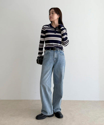 多色條紋翻領羅紋針織衫