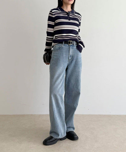 多色條紋翻領羅紋針織衫