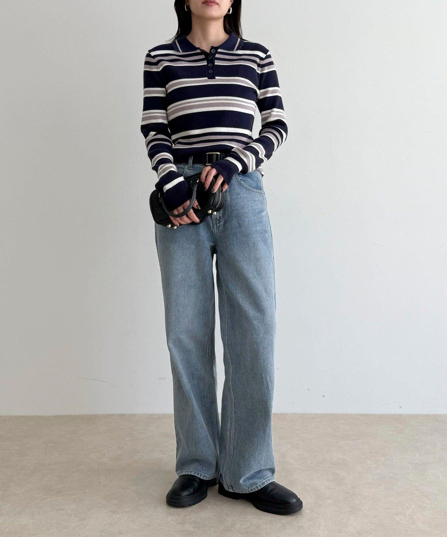 多色條紋翻領羅紋針織衫