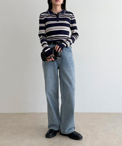 多色條紋翻領羅紋針織衫