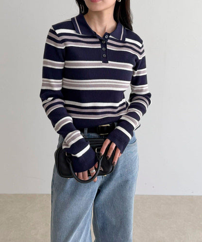 多色條紋翻領羅紋針織衫