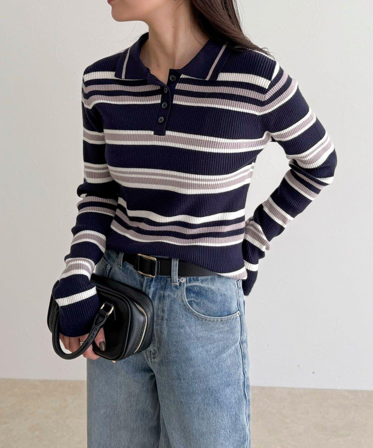 多色條紋翻領羅紋針織衫