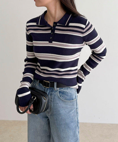 多色條紋翻領羅紋針織衫