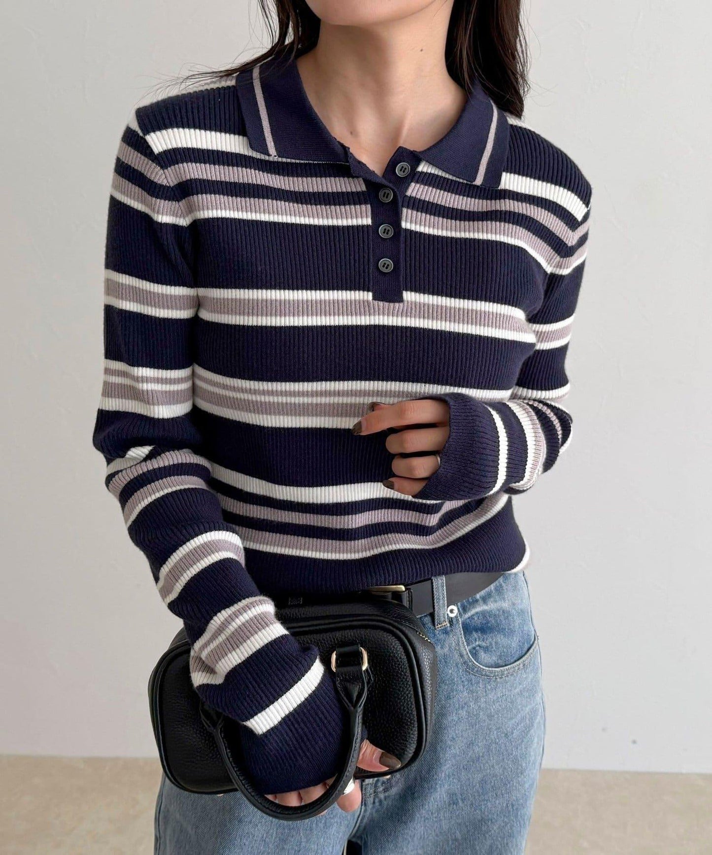 多色條紋翻領羅紋針織衫