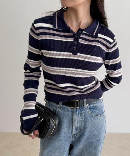多色條紋翻領羅紋針織衫