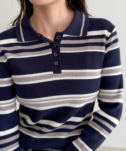 多色條紋翻領羅紋針織衫