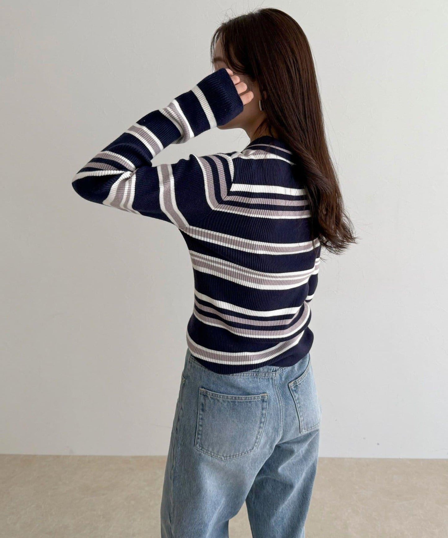 多色條紋翻領羅紋針織衫