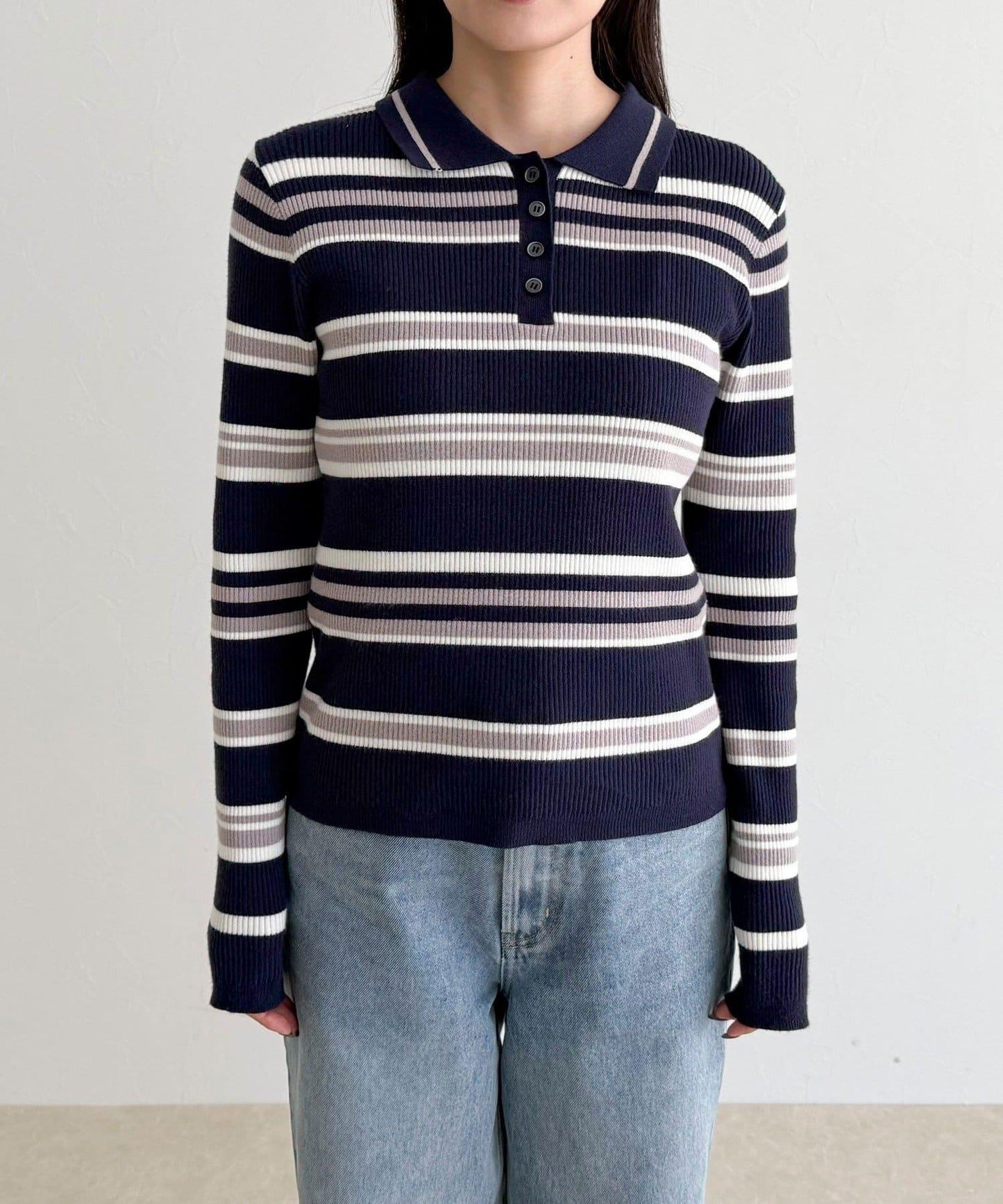 多色條紋翻領羅紋針織衫