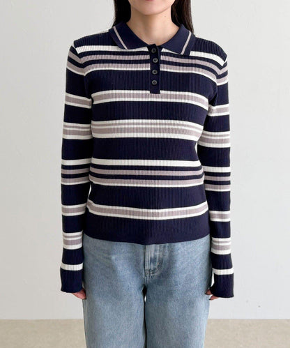 多色條紋翻領羅紋針織衫