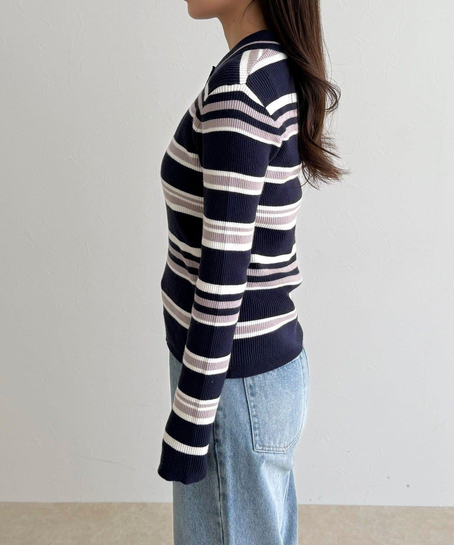 多色條紋翻領羅紋針織衫