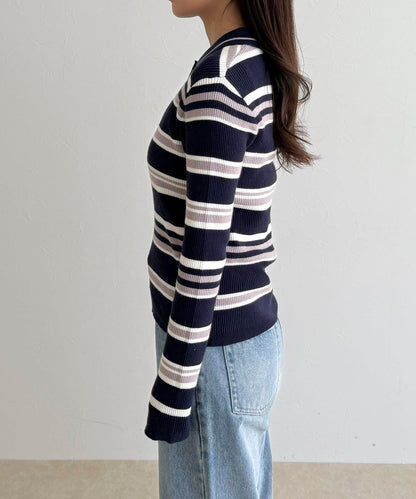 多色條紋翻領羅紋針織衫