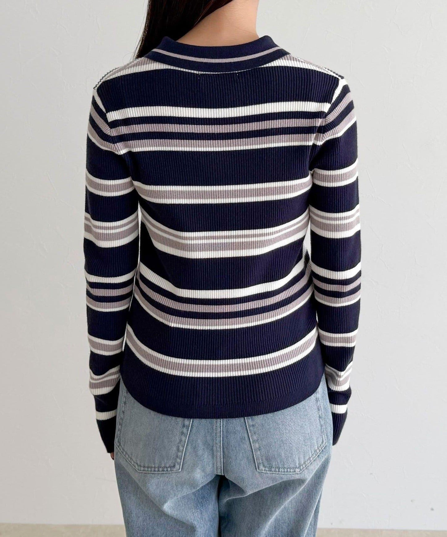 多色條紋翻領羅紋針織衫