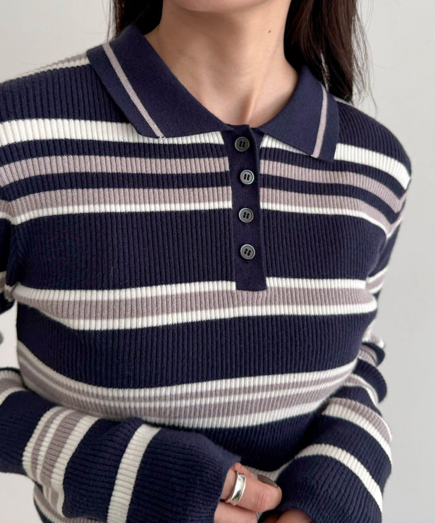 多色條紋翻領羅紋針織衫