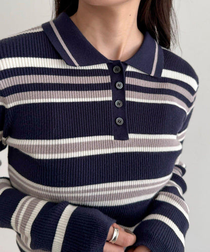 多色條紋翻領羅紋針織衫
