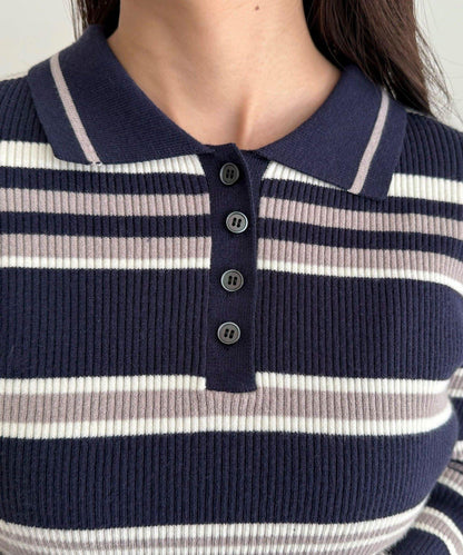 多色條紋翻領羅紋針織衫