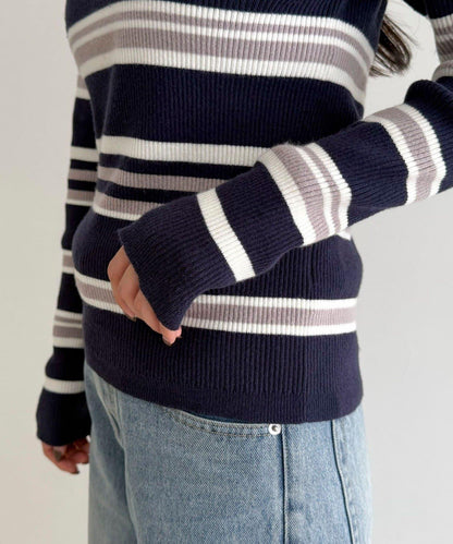 多色條紋翻領羅紋針織衫