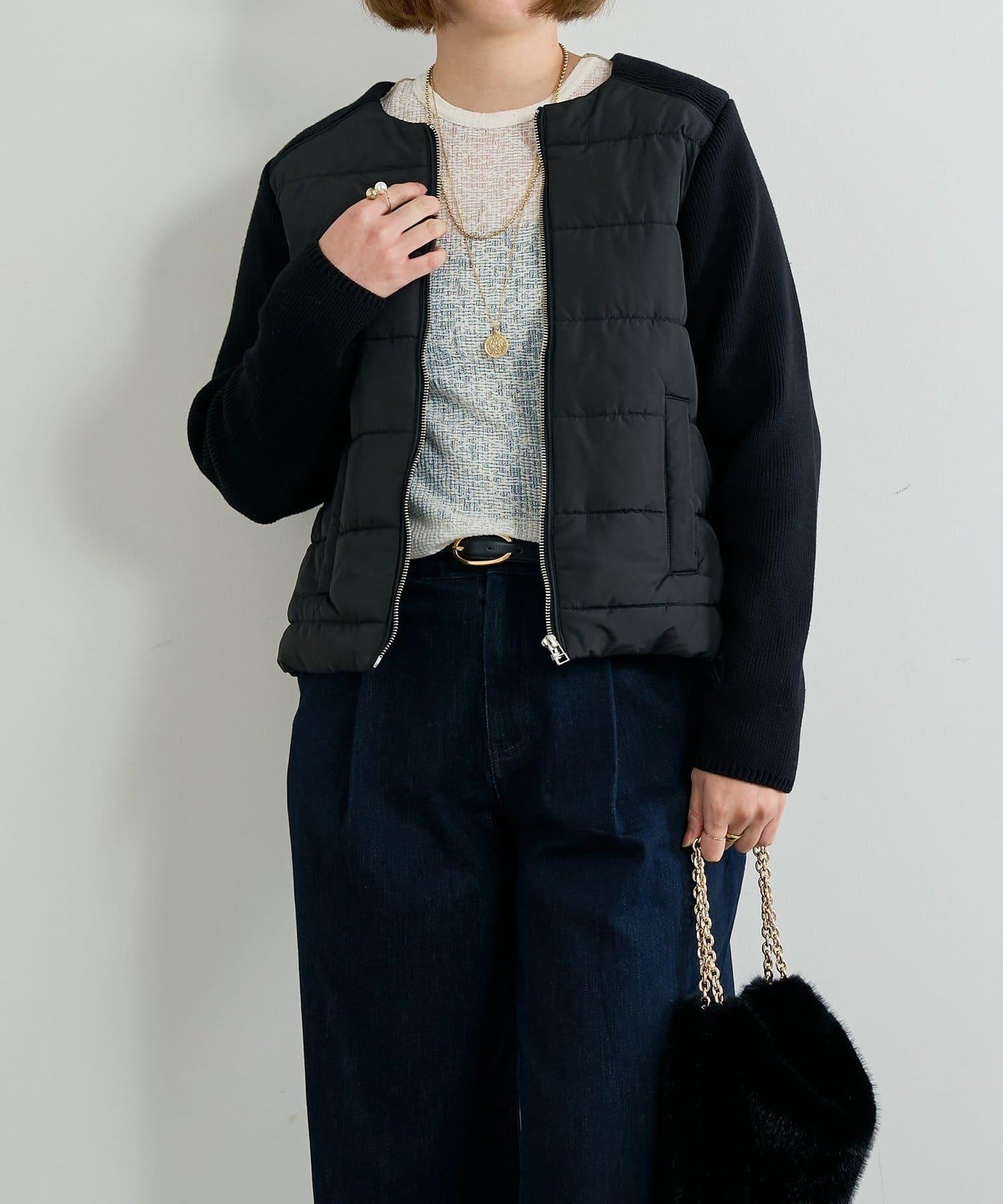 中棉針織拼接無領夾克