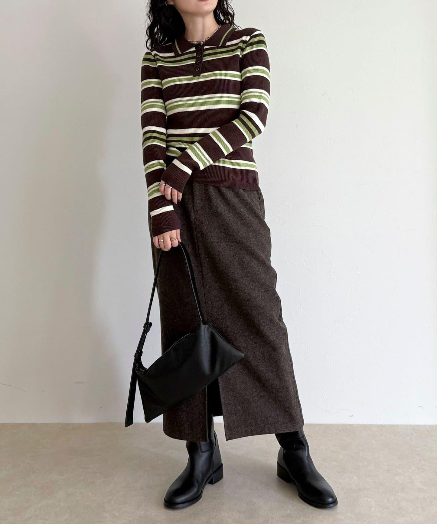 多色條紋翻領羅紋針織衫