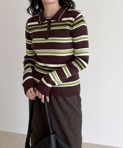 多色條紋翻領羅紋針織衫