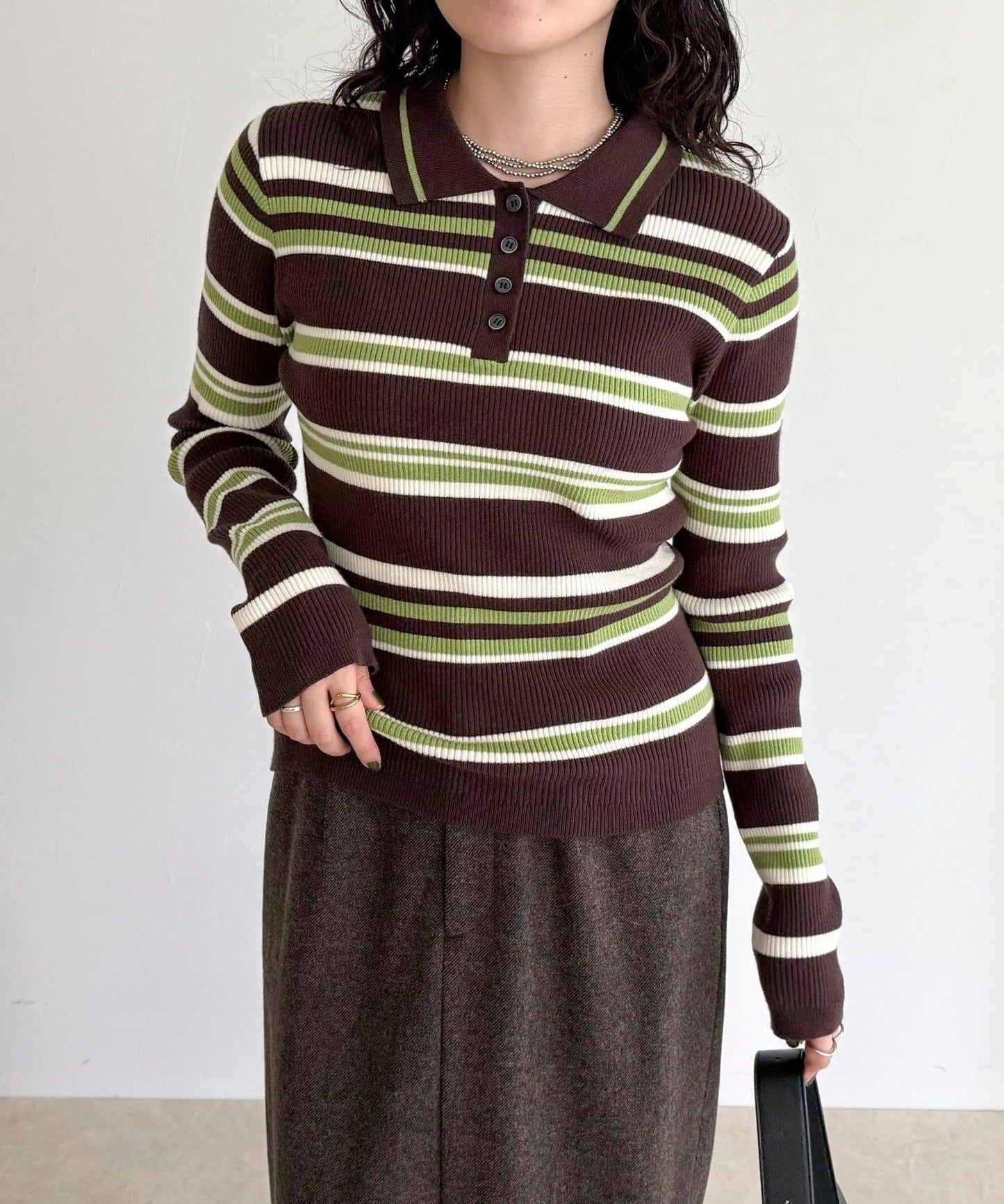 多色條紋翻領羅紋針織衫