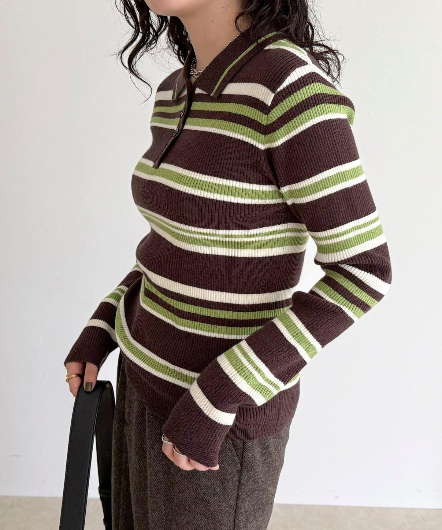 多色條紋翻領羅紋針織衫