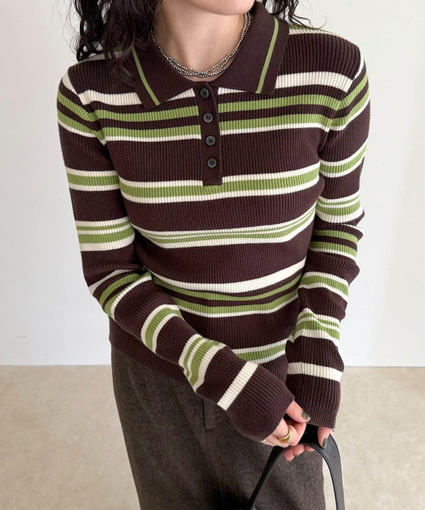 多色條紋翻領羅紋針織衫