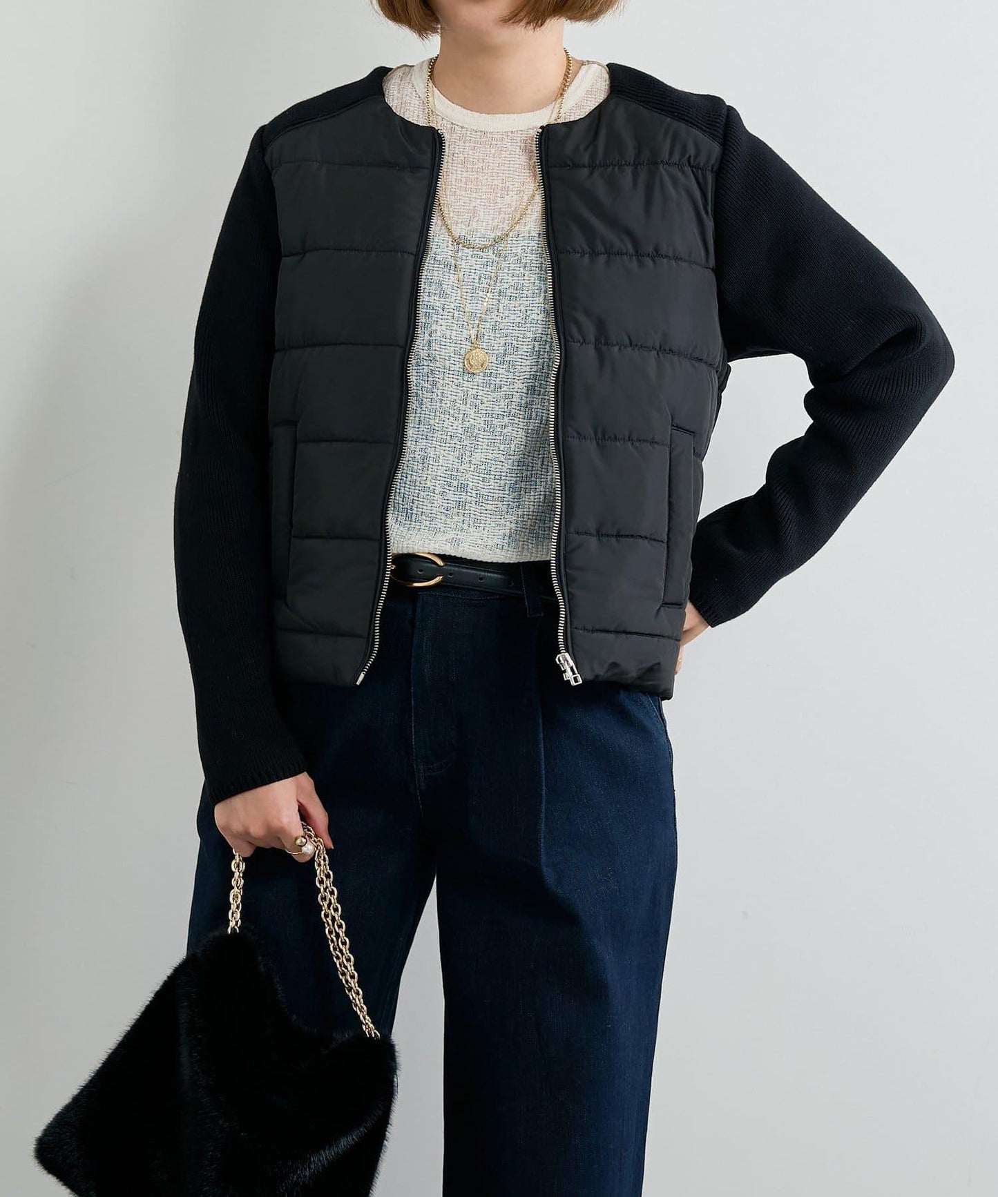 中棉針織拼接無領夾克