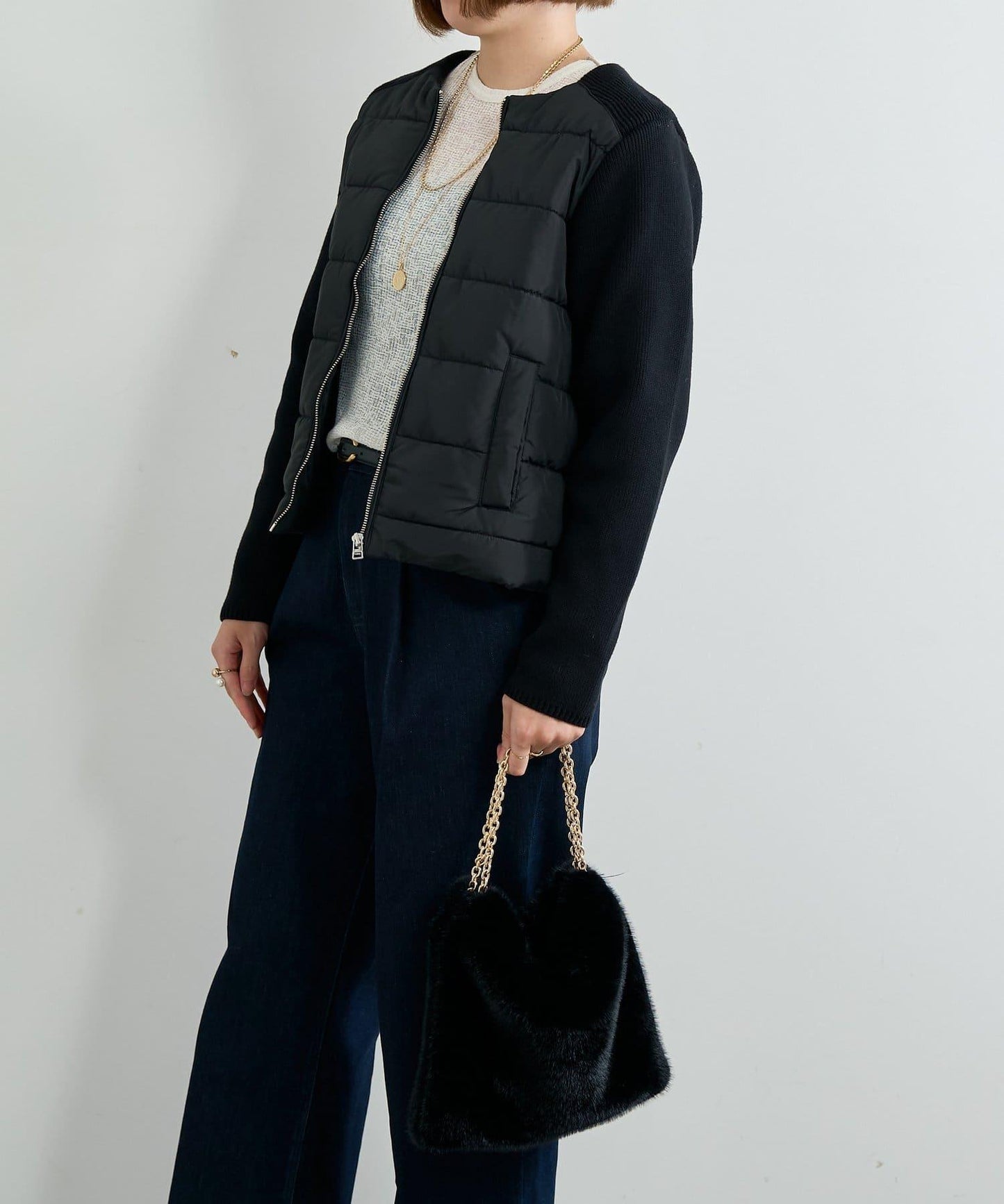 中棉針織拼接無領夾克