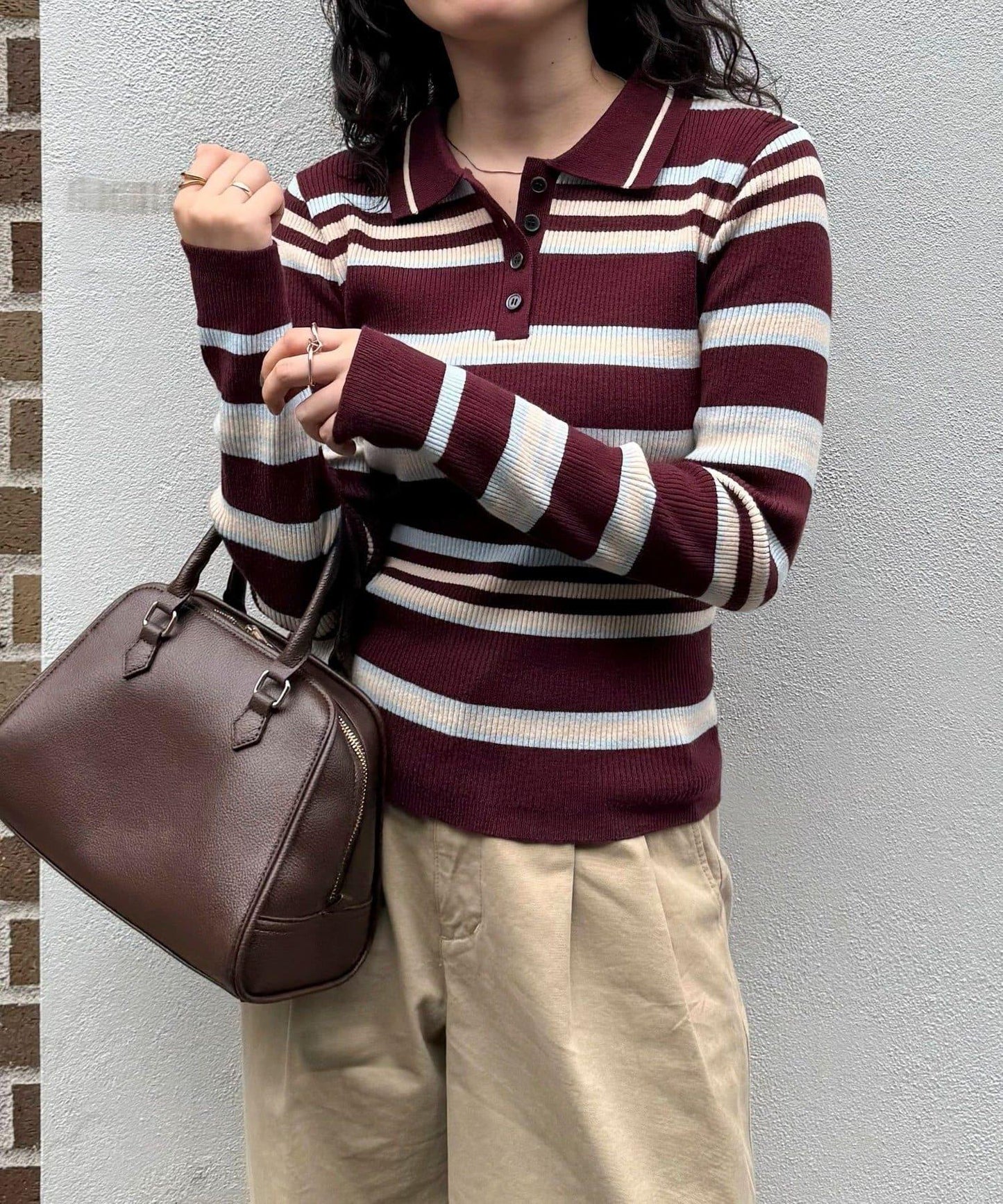 多色條紋翻領羅紋針織衫