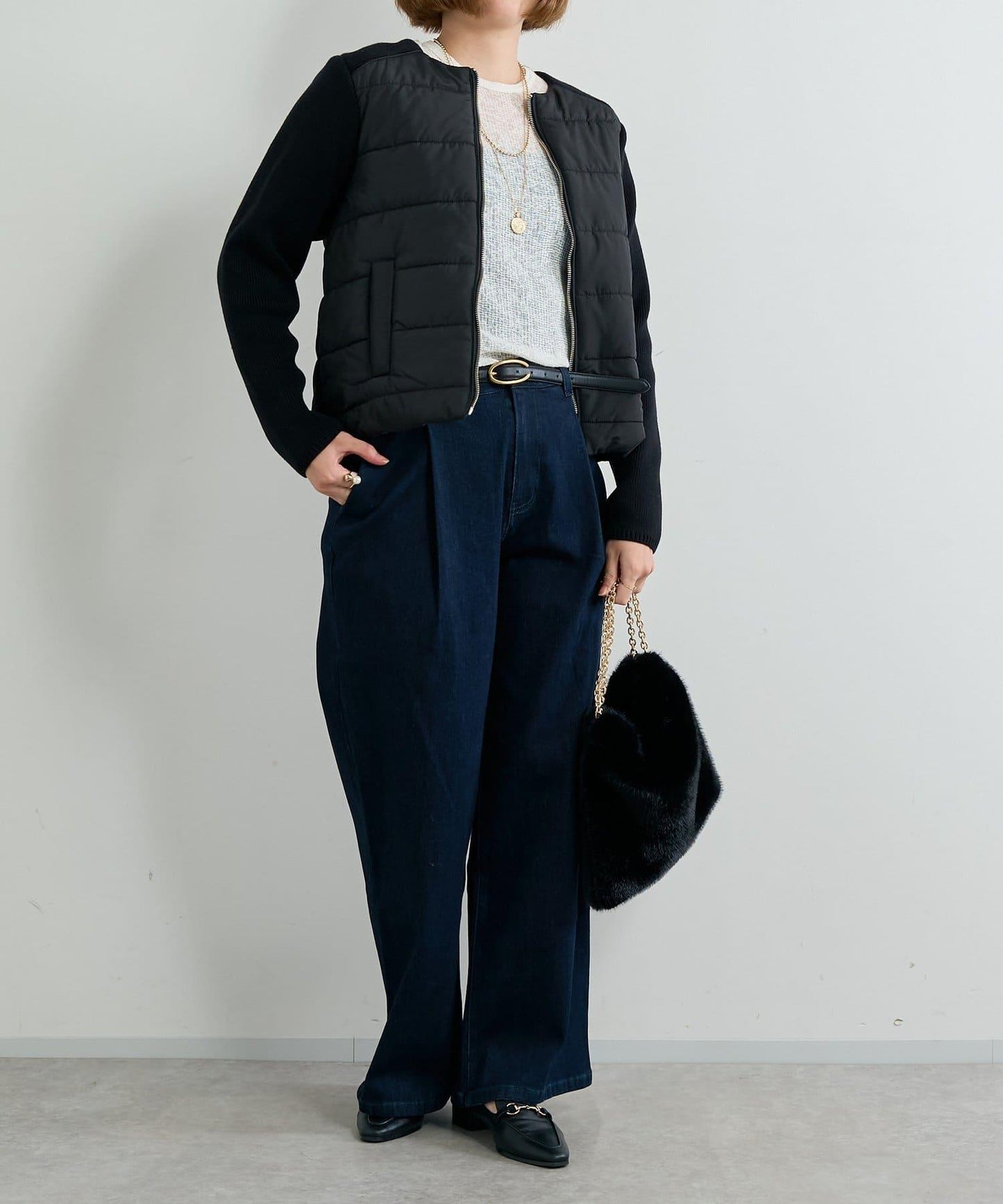 中棉針織拼接無領夾克