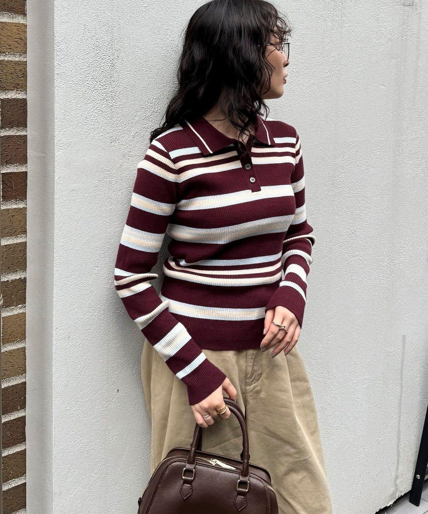 多色條紋翻領羅紋針織衫