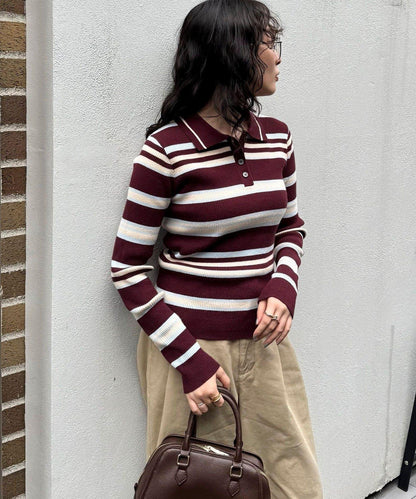 多色條紋翻領羅紋針織衫