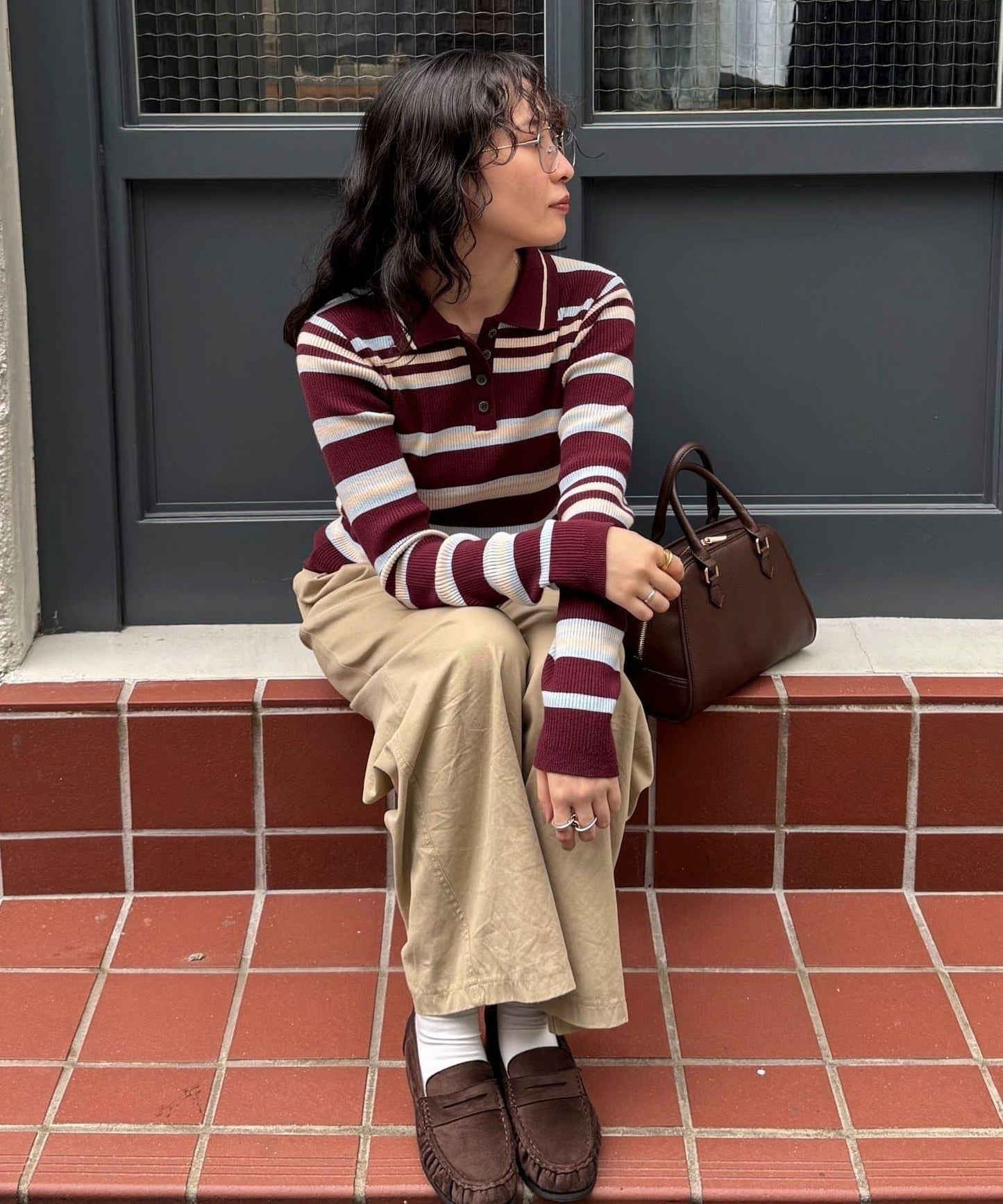 多色條紋翻領羅紋針織衫