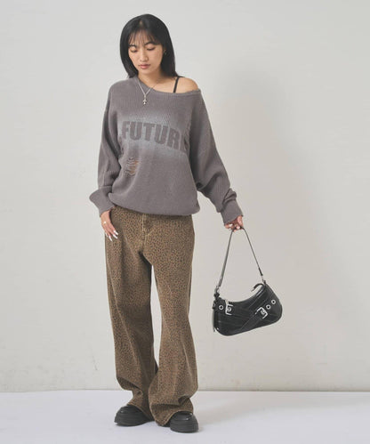 破洞印花針織衫