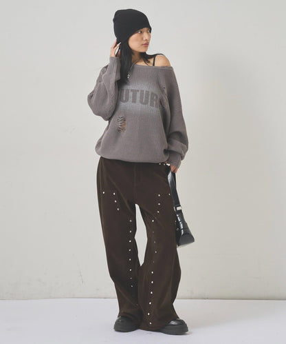 破洞印花針織衫