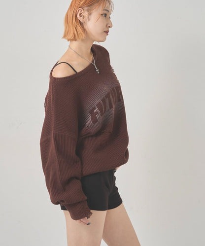 破洞印花針織衫