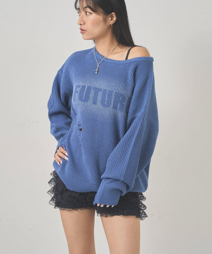 破洞印花針織衫