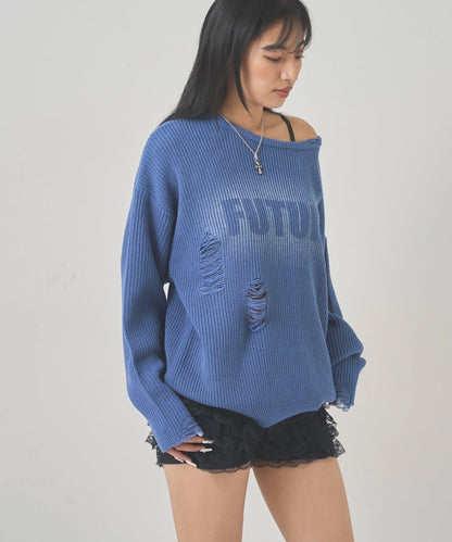 破洞印花針織衫