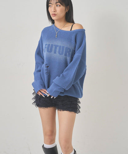 破洞印花針織衫