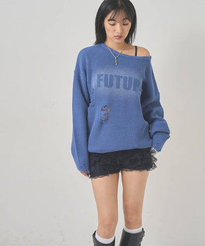 破洞印花針織衫