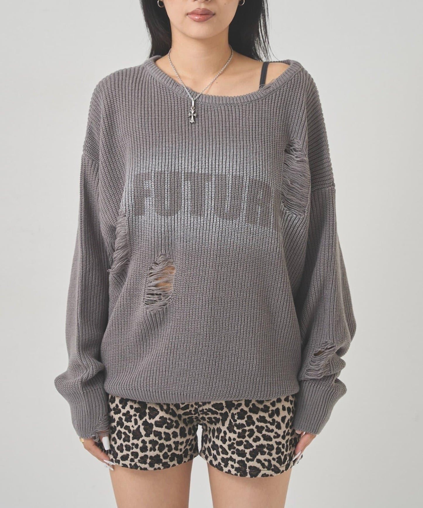 破洞印花針織衫