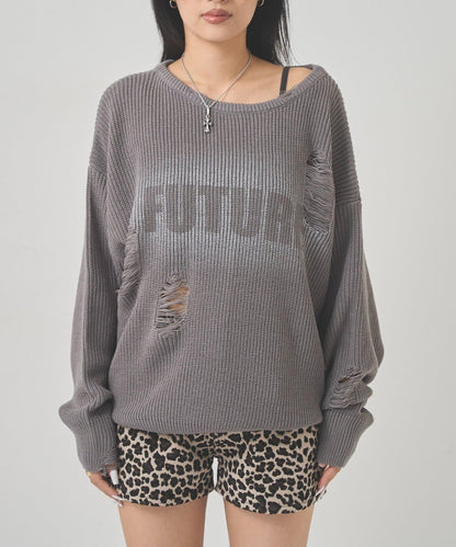 破洞印花針織衫