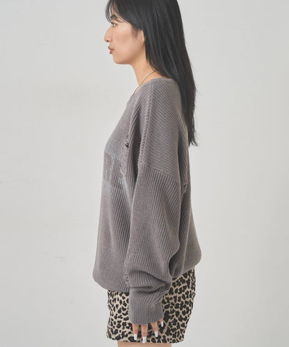 破洞印花針織衫