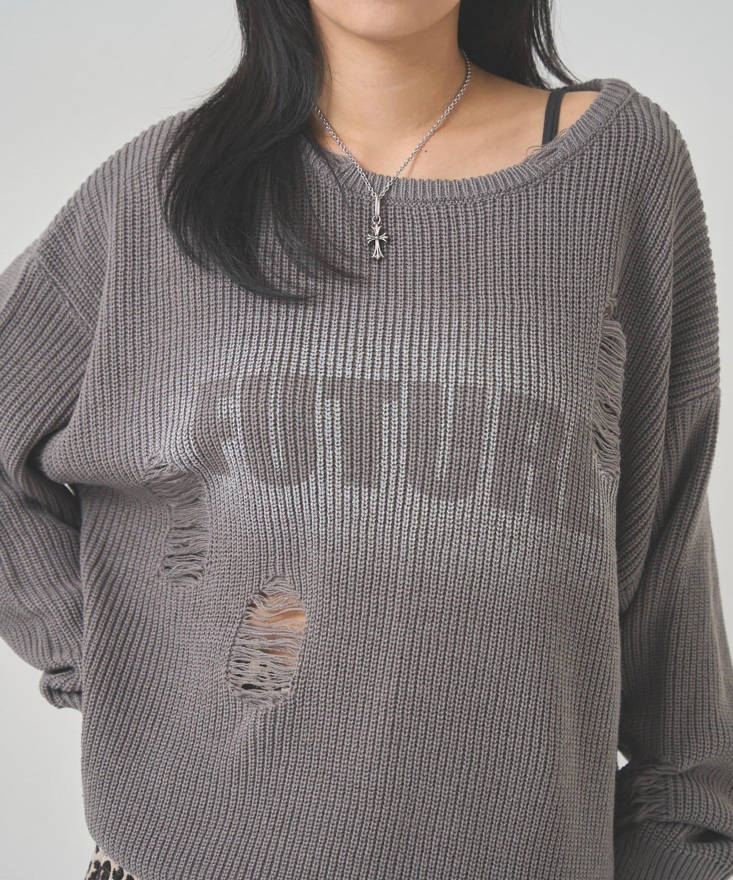 破洞印花針織衫