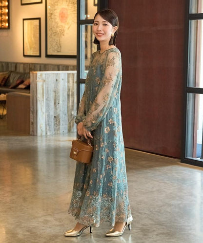 蕾絲刺繡花卉圖案連衣裙禮服
