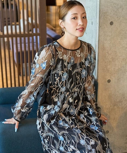 蕾絲刺繡花卉圖案連衣裙禮服